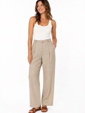 Vintage 90s Geiger Austria 100% Linen Beige Pleated Pants EU 40/8 Straight Leg